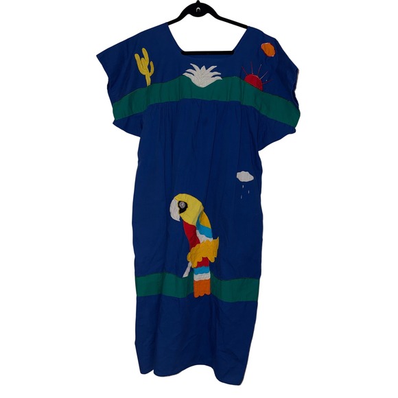 Vintage Dresses & Skirts - Vintage Blue Tropical Parrot Applique Muumuu Dress Short Sleeve Cactus Sun